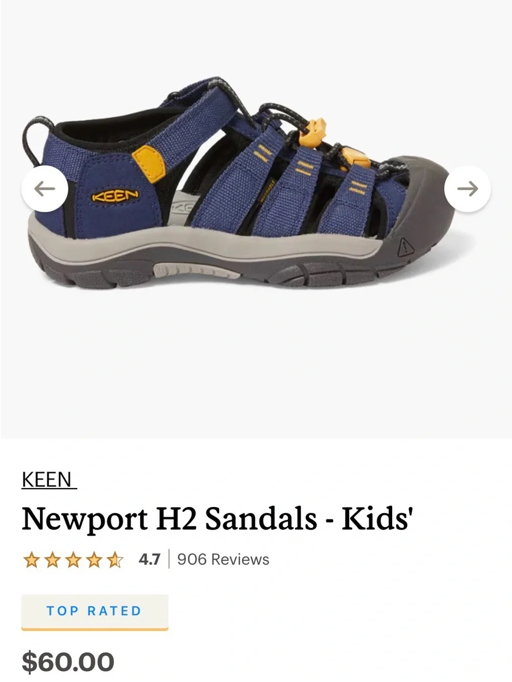 Keen Kids Newport H2 Sandals - Navy with Yellow Accents